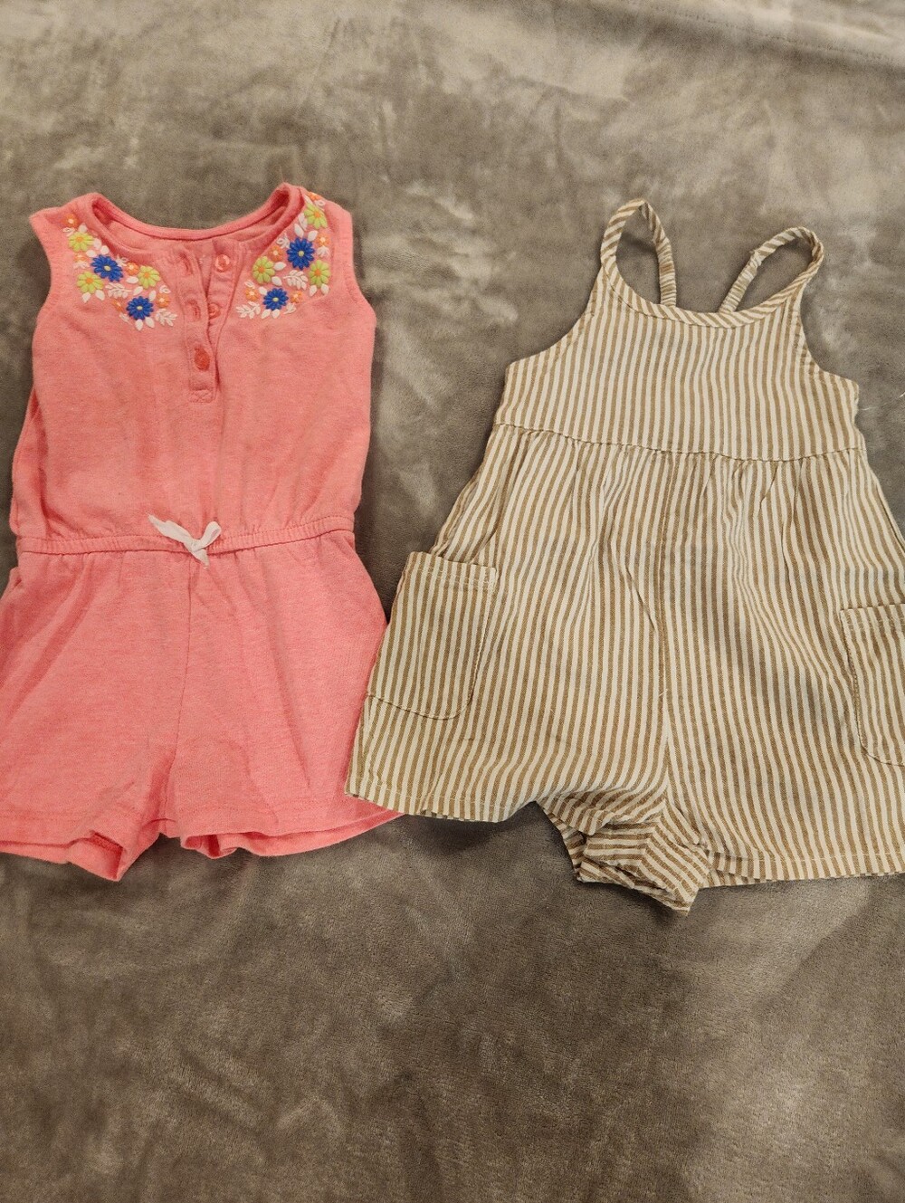 Girls Floral-Embroidered & Stripes Romper Sets, Size 12M